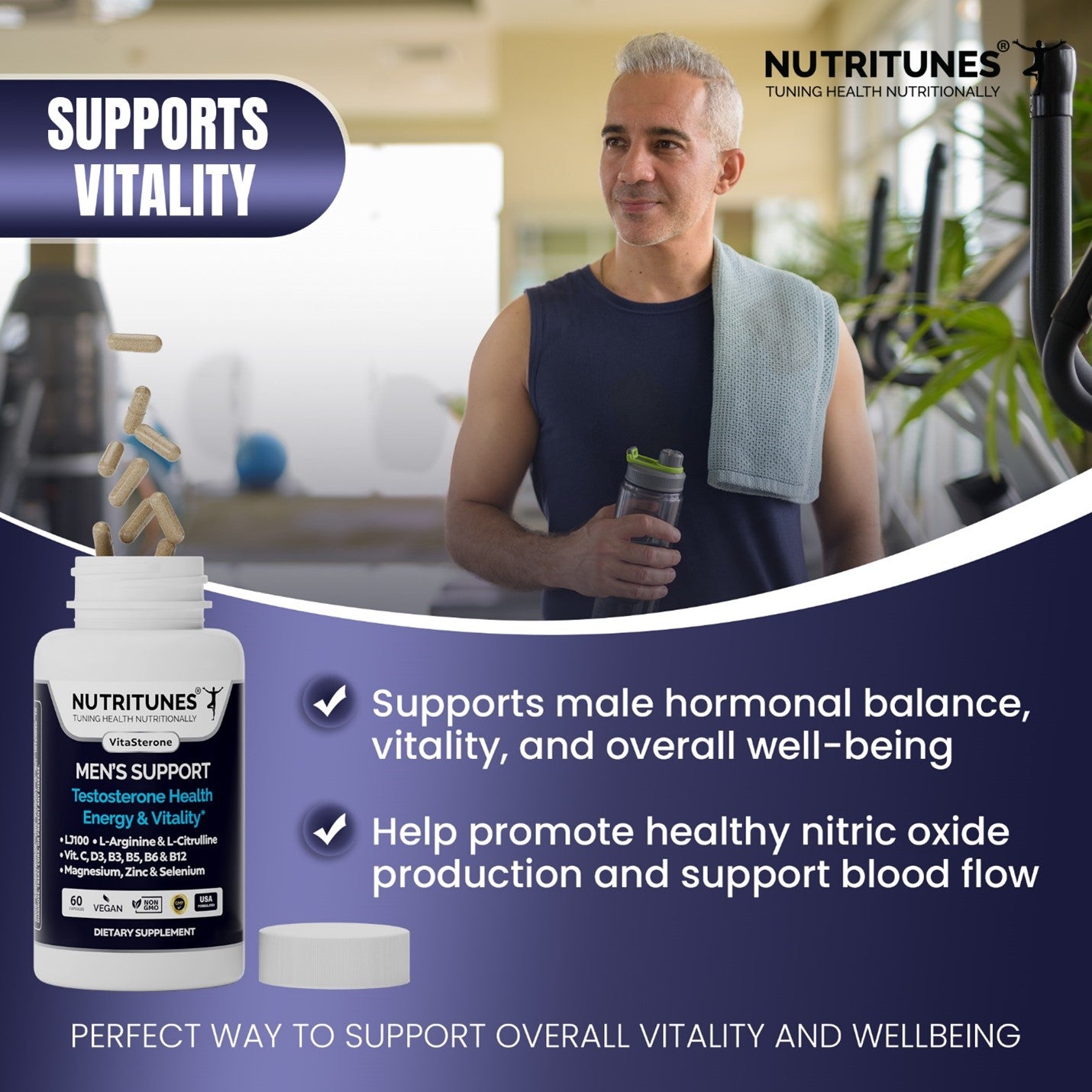 VitaSterone Men's Supplement – Supports Testosterone Health, Nitric Oxide Production, Energy & Vitality – 60 Capsules.