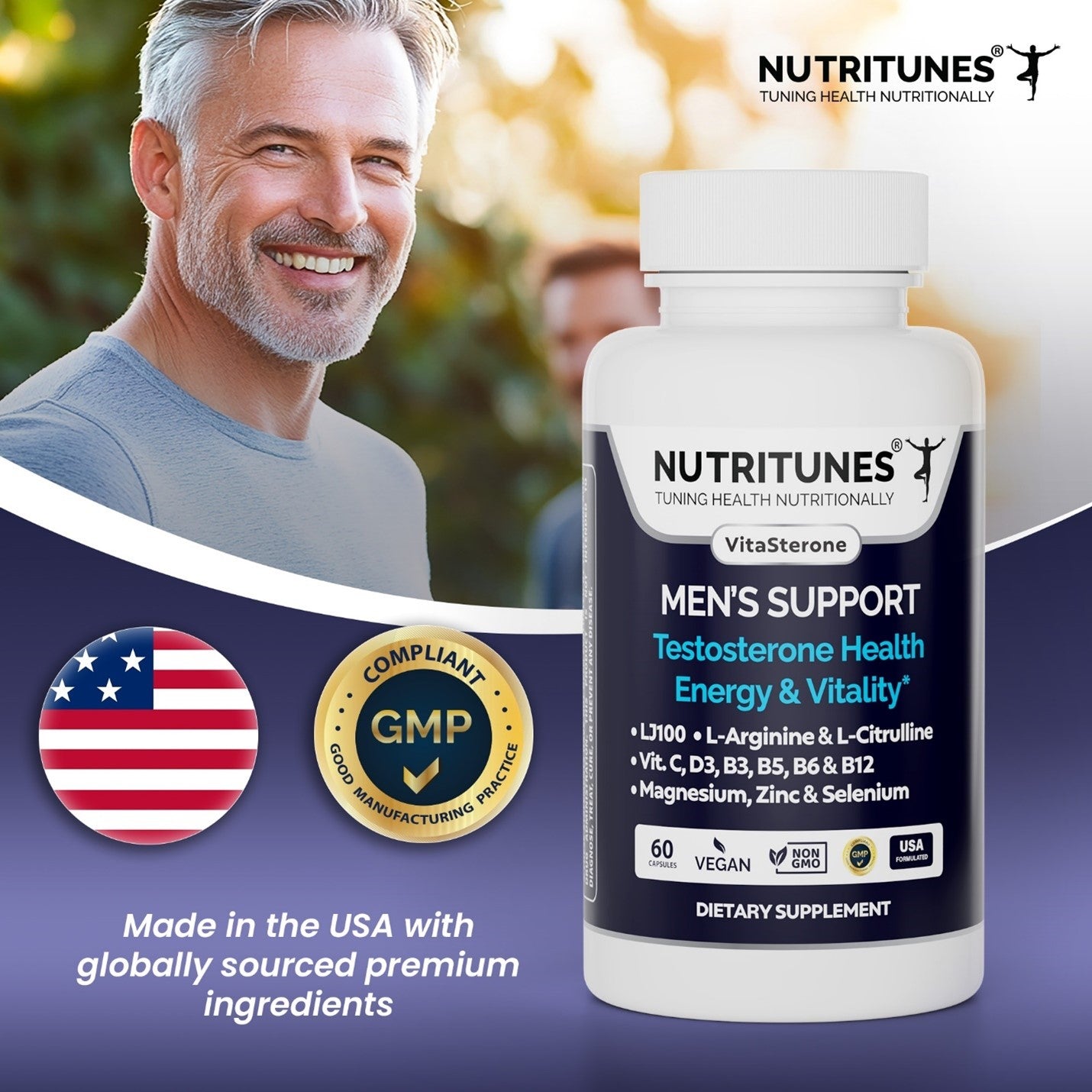 VitaSterone Men's Supplement – Supports Testosterone Health, Nitric Oxide Production, Energy & Vitality – 60 Capsules.