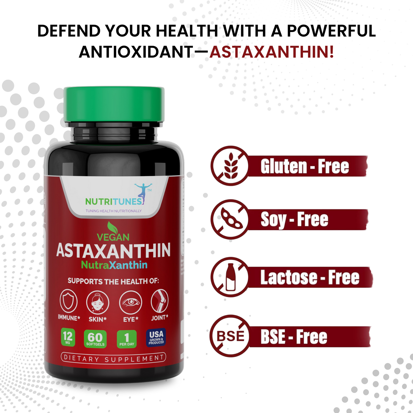 Astaxanthin 12mg Vegan Softgels – High Potency Antioxidant for Skin, Eye, Joint & Immune Support – Non-GMO, Free of Gluten, Soy, Lactose & BSE, 60 Vegan Softgels, 2-Month Supply