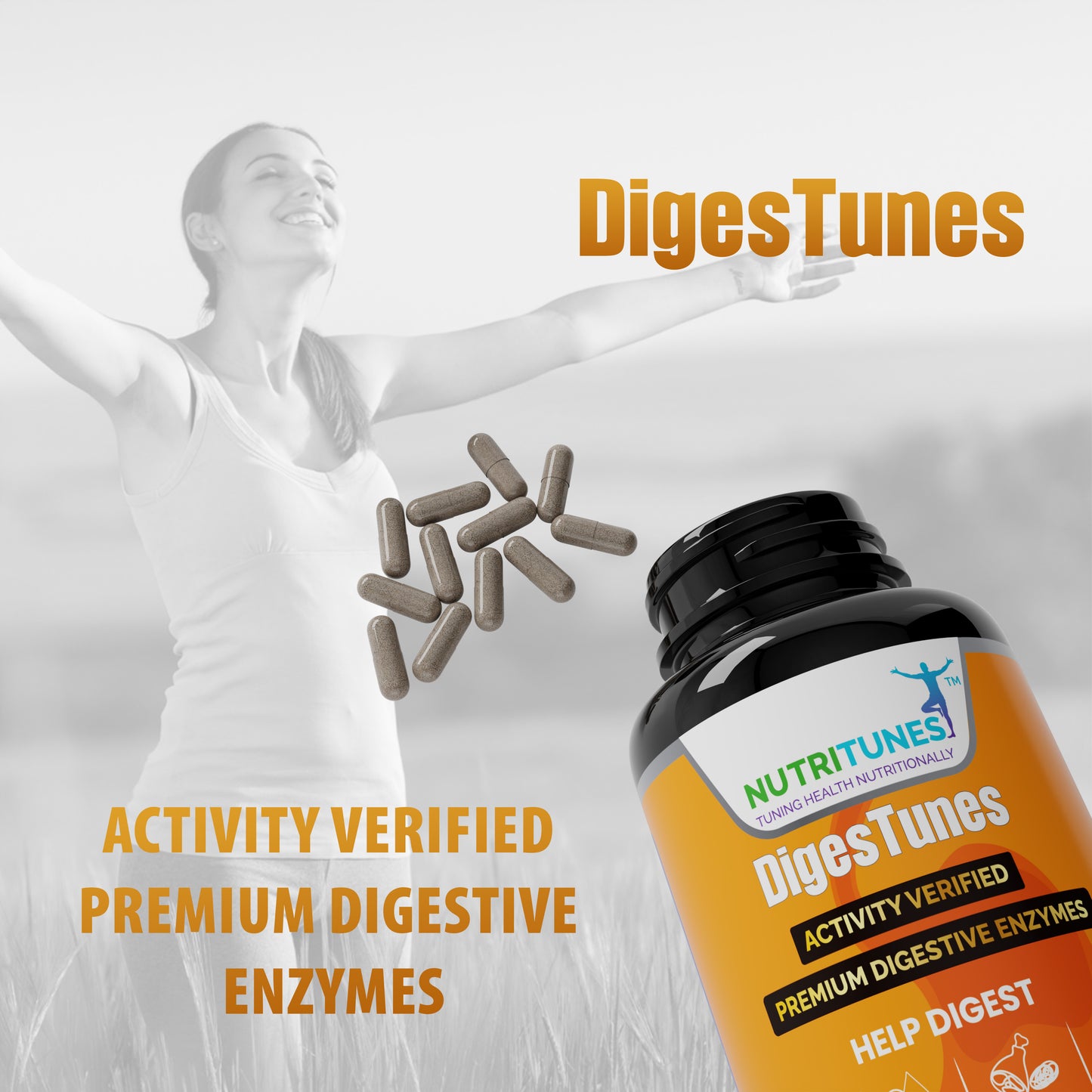 DigesTunes Vegan Supplement | Helps Digest Carbs, Fats, Proteins, & Lactose - 60 Capsules