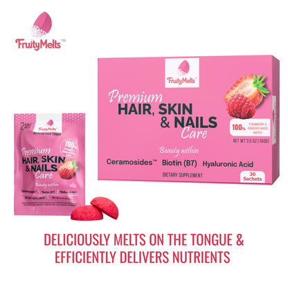 FruityMelts Premium Hair, Skin & Nail Supplement – 100% Real Fruit Matrix – Deliciously Melts on the Tongue & Efficiently Delivers Nutrients – No Artificial Colors or Preservatives – Non-GMO – 60 Melts