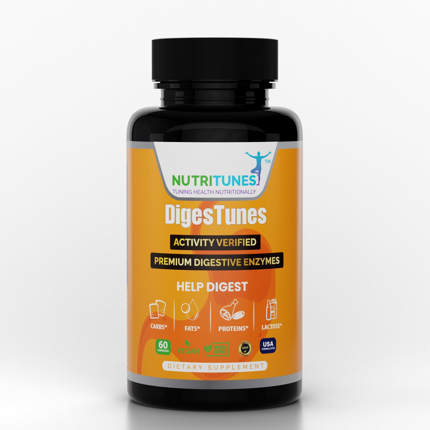 DigesTunes Vegan Supplement | Helps Digest Carbs, Fats, Proteins, & Lactose - 60 Capsules