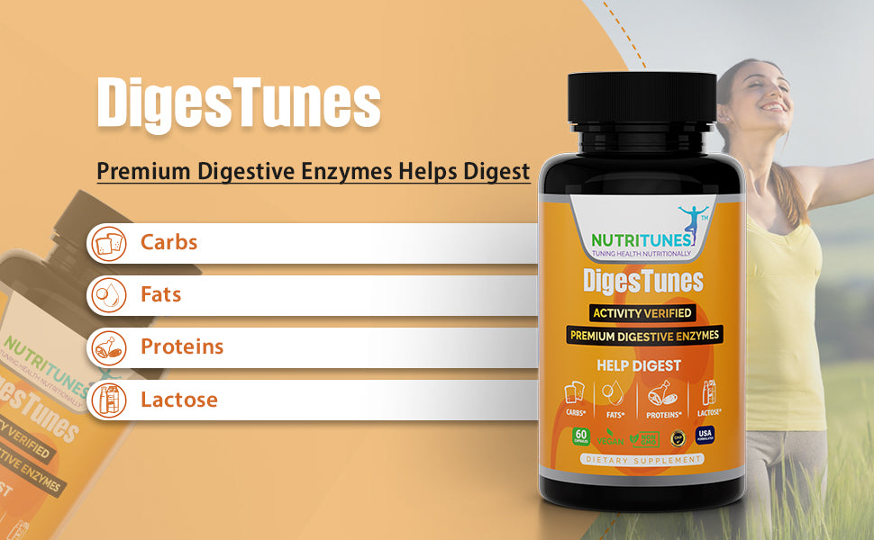 DigesTunes Vegan Supplement | Helps Digest Carbs, Fats, Proteins, & Lactose - 60 Capsules