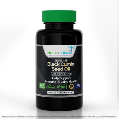 Nutritunes Vegan Cold-Pressed Black Cumin Seed Oil (1000mg) - Supports Immune, Joint, & Digestive Health (120 Softgels)