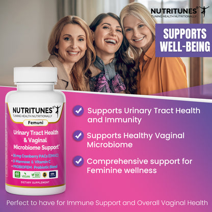 Femuni UTH – Urinary Tract Health Supplement with 36mg Cranberry PACs, ProbioFem Probiotic Blend, D-Mannose & Vitamin C – Multi-Action Support, Vegan, Non-GMO, Allergen-Free – 60 Capsules