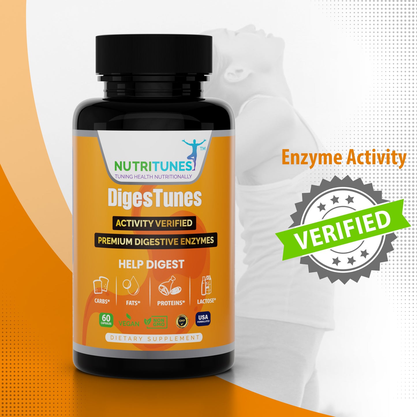 DigesTunes Vegan Supplement | Helps Digest Carbs, Fats, Proteins, & Lactose - 60 Capsules