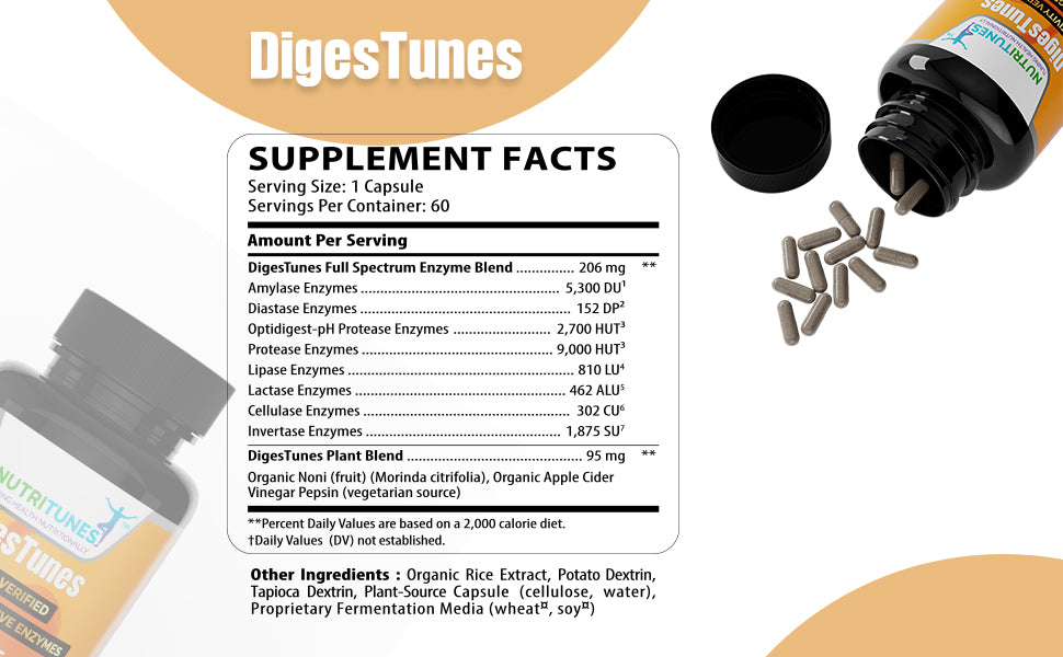 DigesTunes Vegan Supplement | Helps Digest Carbs, Fats, Proteins, & Lactose - 60 Capsules