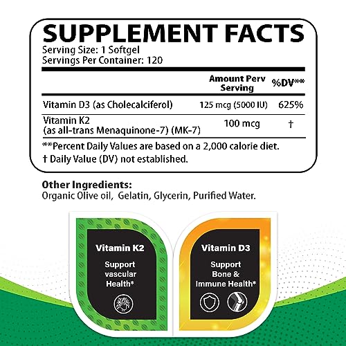 Vitamin K2 + D3  for Cardiovascular, Immune, and Bone Health (120 Softgels).