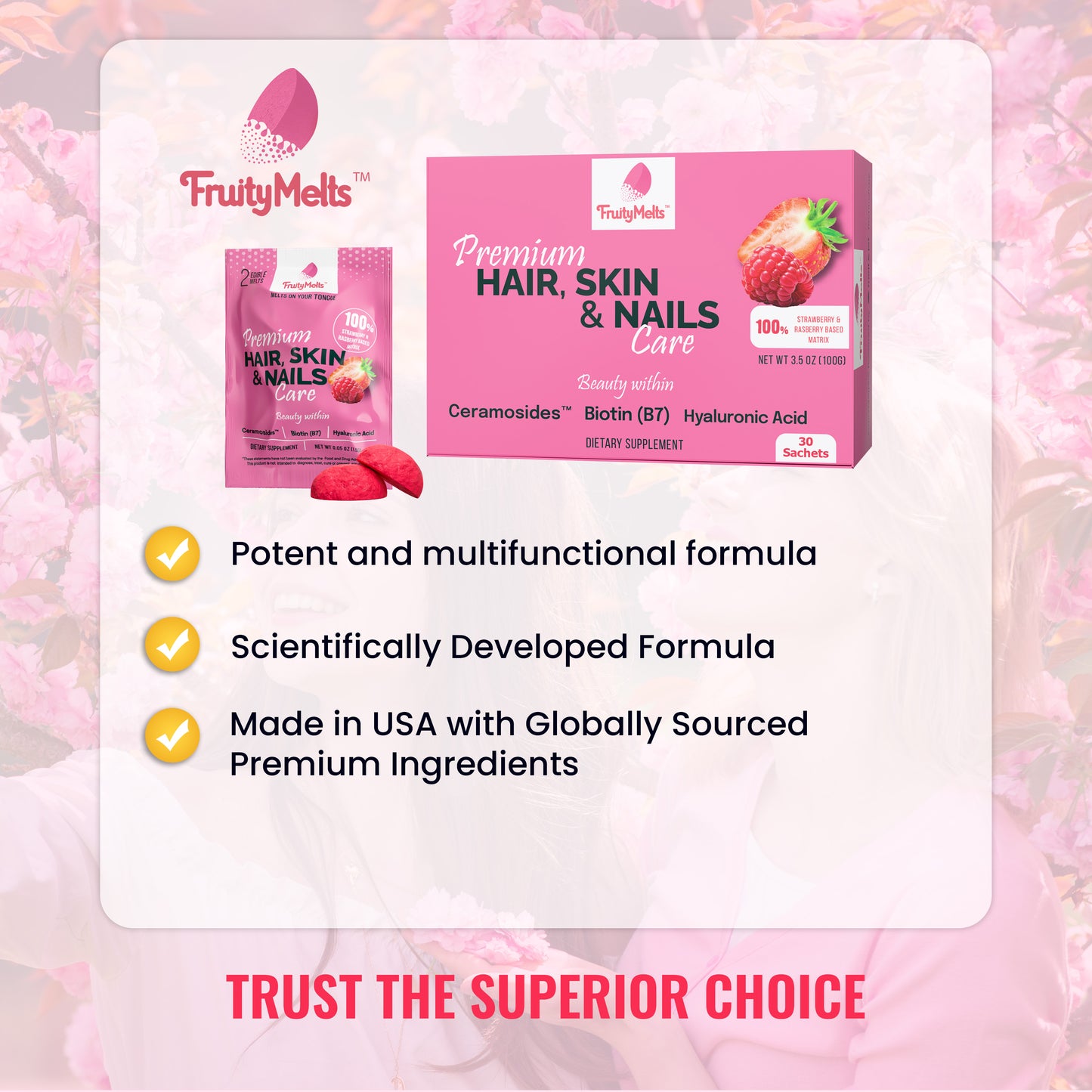 FruityMelts Premium Hair, Skin & Nail Supplement – 100% Real Fruit Matrix – Deliciously Melts on the Tongue & Efficiently Delivers Nutrients – No Artificial Colors or Preservatives – Non-GMO – 60 Melts