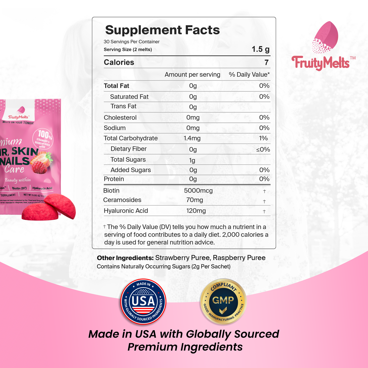 FruityMelts Premium Hair, Skin & Nail Supplement – 100% Real Fruit Matrix – Deliciously Melts on the Tongue & Efficiently Delivers Nutrients – No Artificial Colors or Preservatives – Non-GMO – 60 Melts