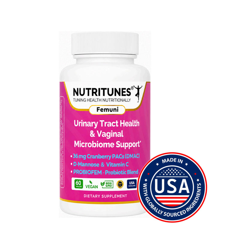 Nutritunes FEMUNI UTH urinary tract health and vaginal microbiome support supplement bottle on a white background