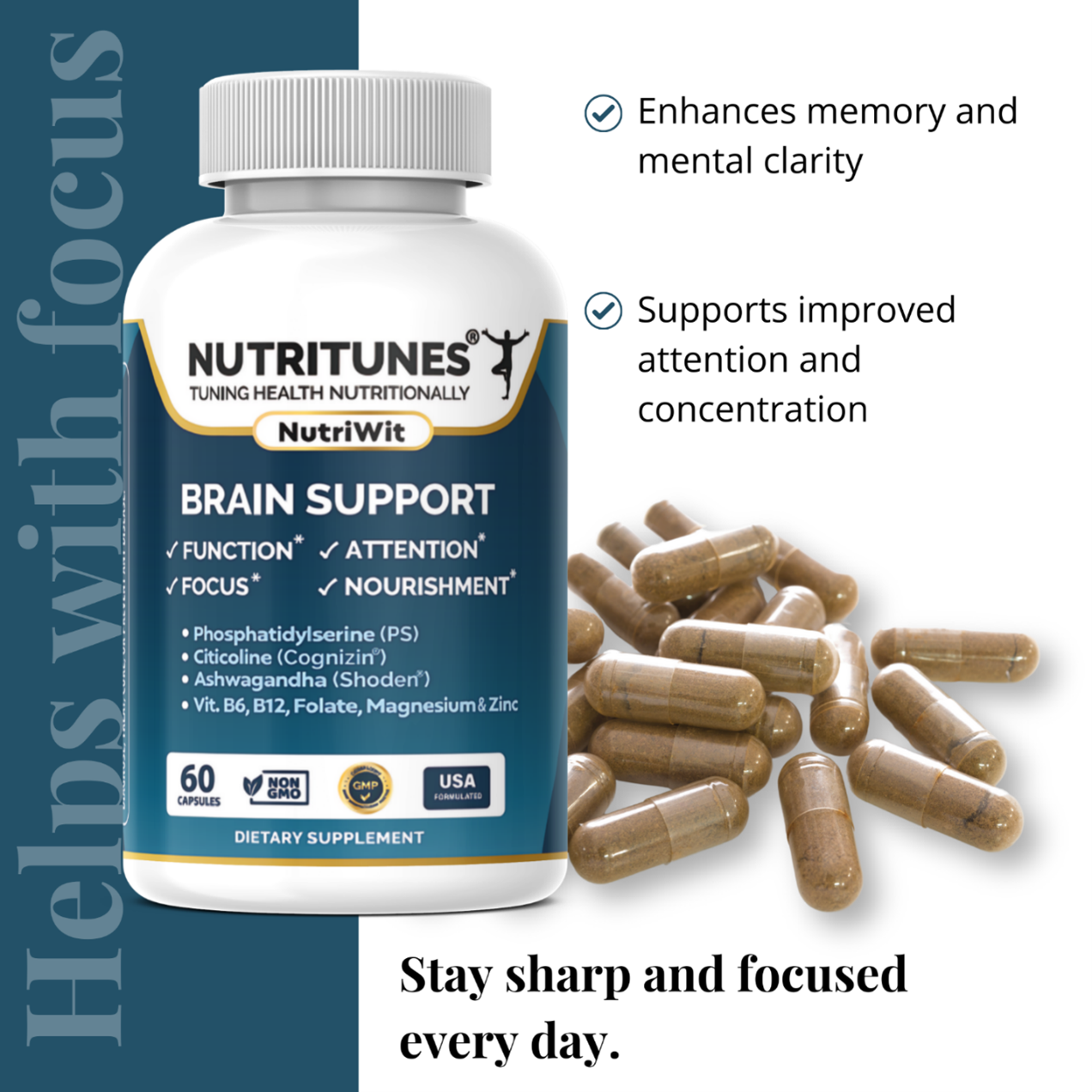 NutriWit Supplement | Supports Brain Nourishment, function,  Attention, Focus and Vitality  - 60 Capsules