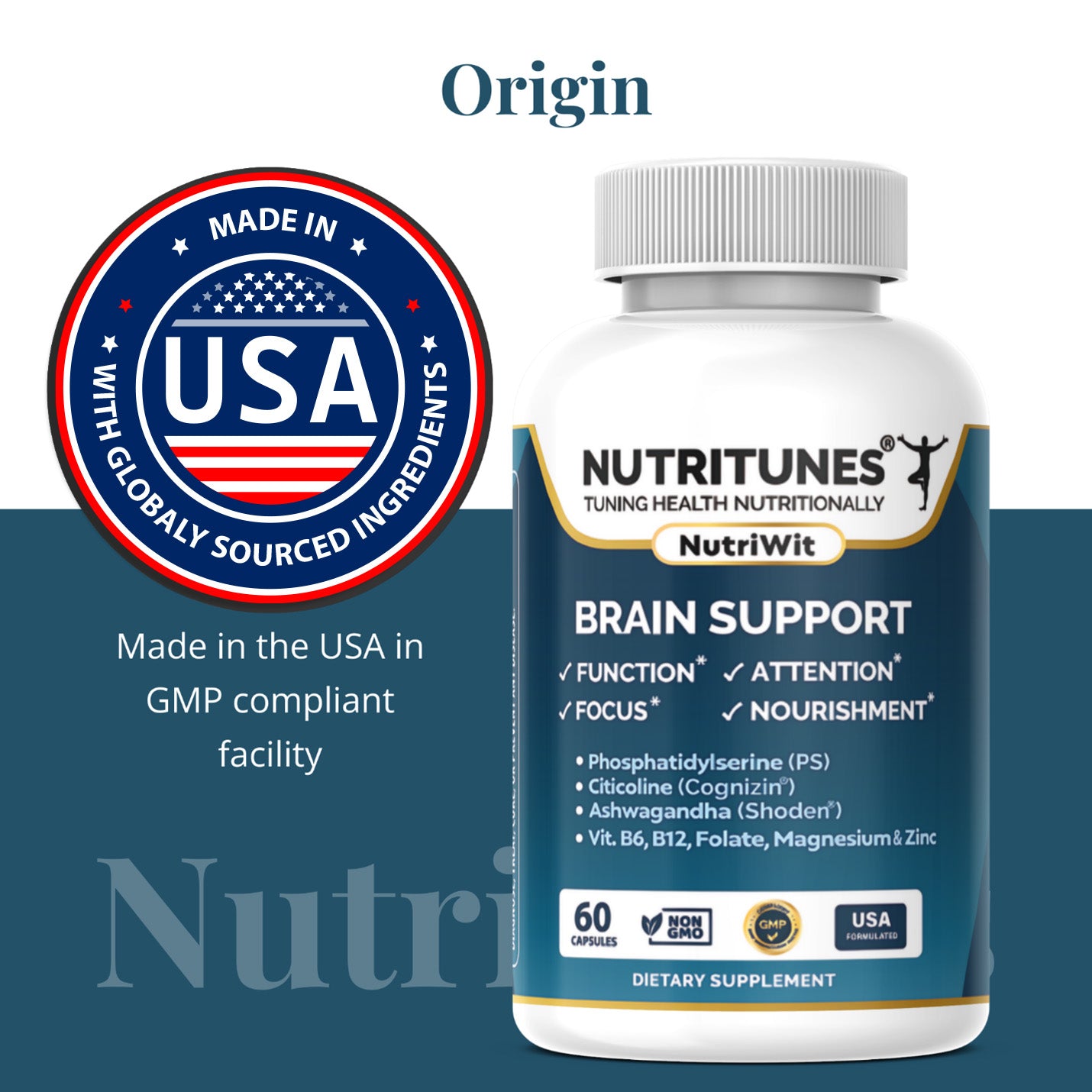 NutriWit Supplement | Supports Brain Nourishment, function,  Attention, Focus and Vitality  - 60 Capsules