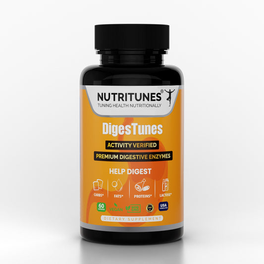 DigesTunes – Premium Digestive Enzymes to easily digest Carbs, Fats, Proteins & Lactose - Supports after-meal Bloating & Discomfort Relief – Food Grade Multi Enzyme Vegan Supplement, 60-Day Supply