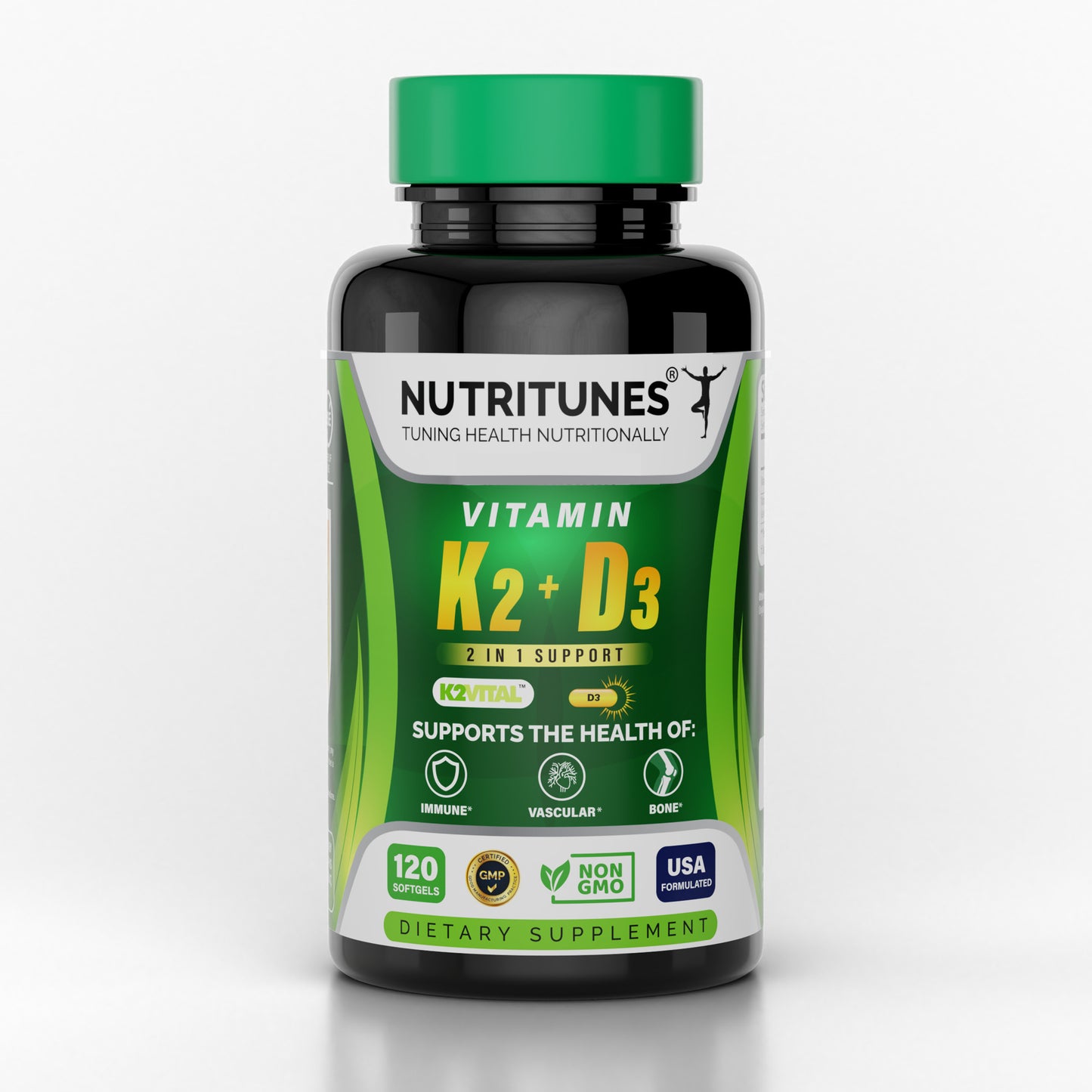 Nutritunes Vitamin K2 + D3 - Supports Heart, Bone & Immune Health - 100 mcg K2 (MK-7) & 5000 IU D3 - Non-GMO, Free from Gluten, Soy, & Lactose - 120 Softgels, 4-Month Supply