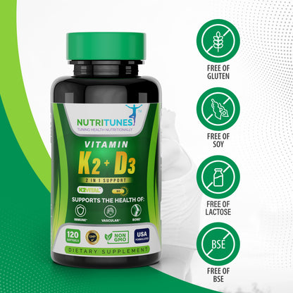 Vitamin K2 + D3  for Cardiovascular, Immune, and Bone Health (120 Softgels).