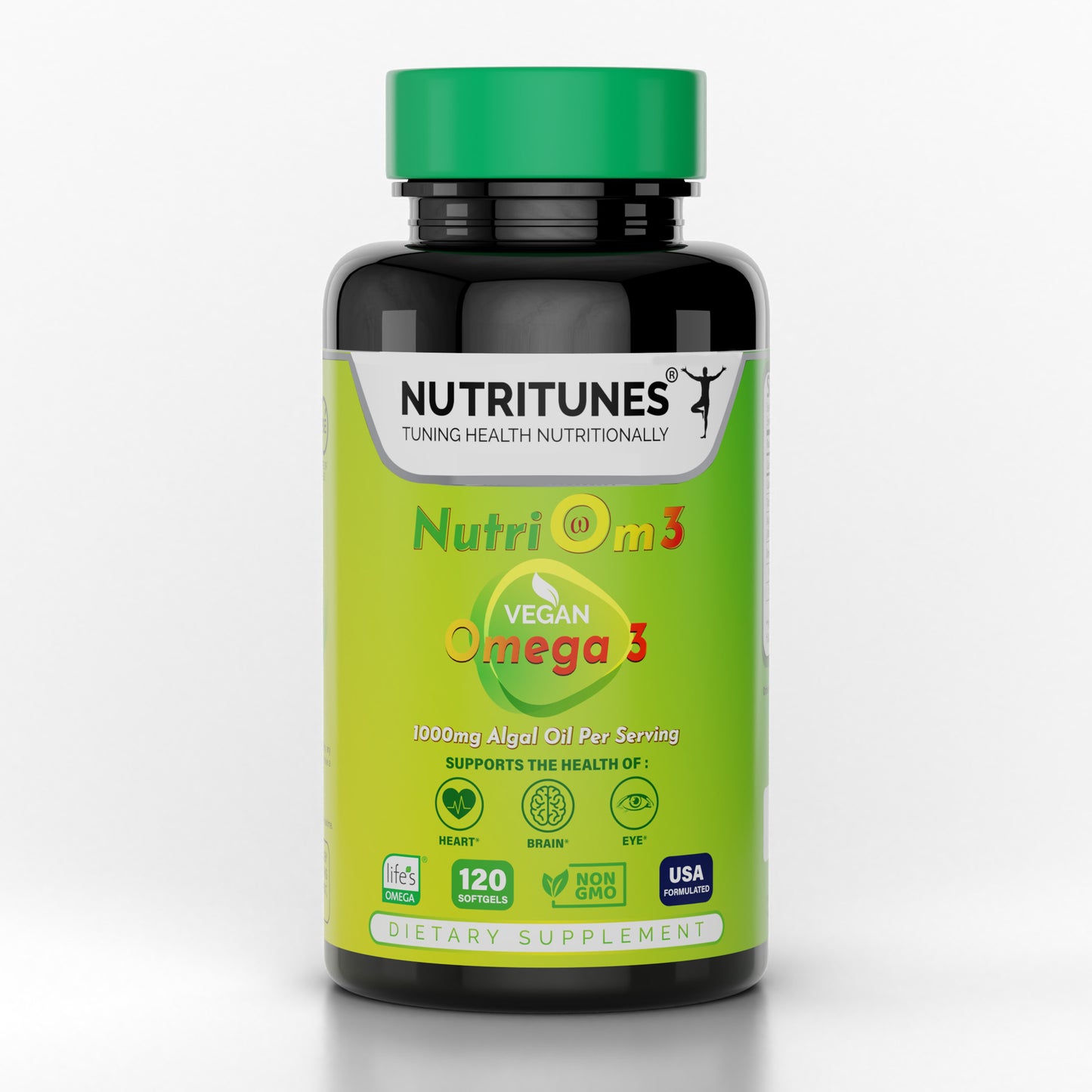 Vegan Omega 3 – Plant-Based DHA & EPA for Brain, Eye & Heart Health – 120 Softgels - NutriOm3 - made with Sustainably Sourced Premium Algal life’s OMEGA with SeaGel technology - Non-GMO, Allergen Free