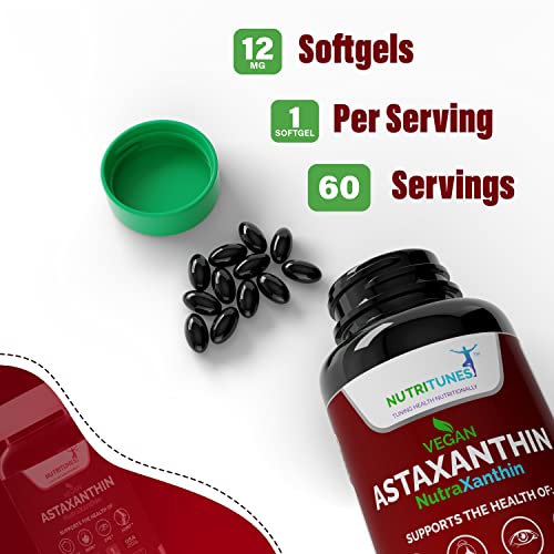 Astaxanthin 12mg Vegan Softgels – High Potency Antioxidant for Skin, Eye, Joint & Immune Support – Non-GMO, Free of Gluten, Soy, Lactose & BSE, 60 Vegan Softgels, 2-Month Supply