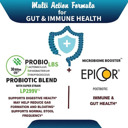 Probiotics & Postbiotics for Digestive, Immune, and Gut Health | Comprehensive Probiotic Blend & Microbiome Booster Epicor® - Vegan, non-GMO | 60 Capsules